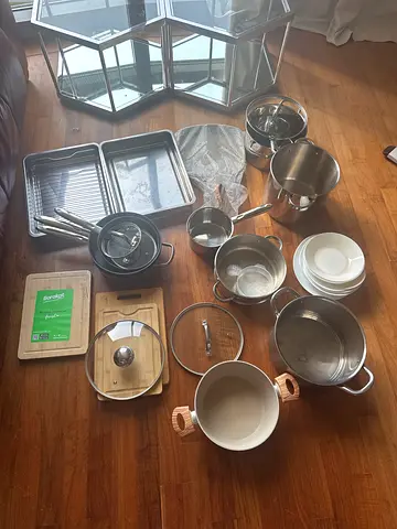 Mixed cookware set: pots, pans, baking trays, lids and boards - good condition