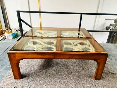 Ornate Wood and Glass Square Coffee Table
