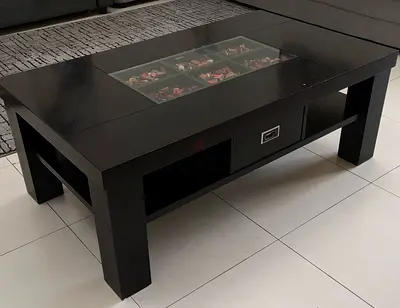 Dark Wood Coffee Table with Glass Display and Storage Drawer
