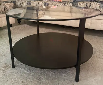 Ikea round Glass Top Coffee Table with Lower Shelf - Dark Metal Frame