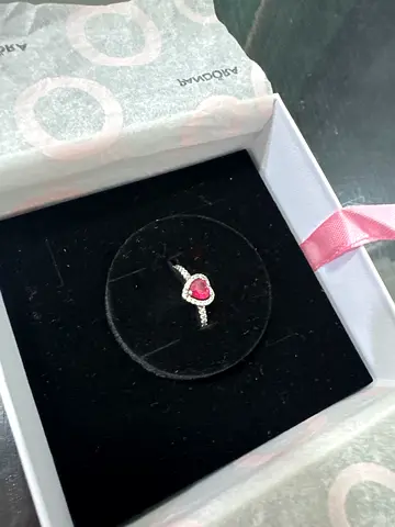 Silver ring with pink heart gemstone (pandora)(size very small) - gently used