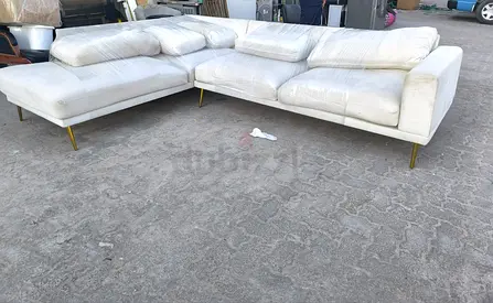 Large White L-shaped Fabric Sofa with Gold Legs — 3-seater + Chaise