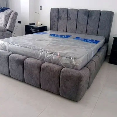 Queen/King Plush Upholstered Bed Frame with Headboard - Grey