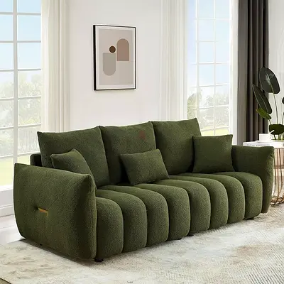 Olive green boucle curved 3 seater sofa