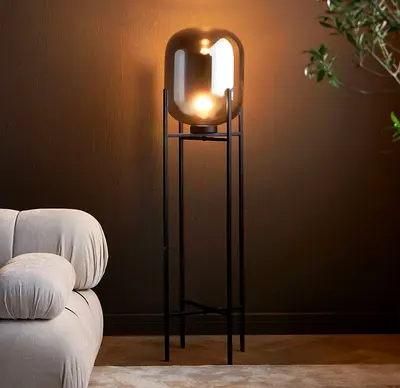 Modern Tall Floor Lamp with Smoky Glass Shade and Black Metal Stand