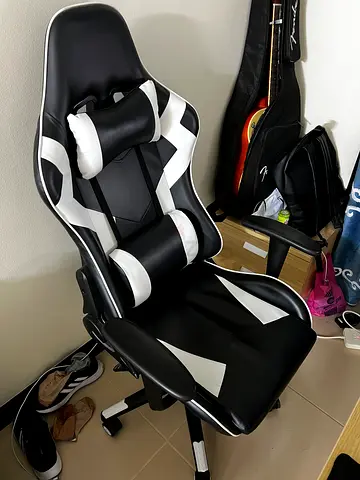 Black White Racing-Style Gaming Chair with Lumbar and Neck Support