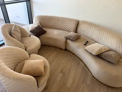 Curved Beige Sofa Set with Matching Accent Chairs - Good Condition