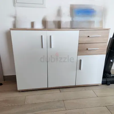 Modern White and Oak Finish Sideboard Cabinet