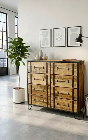 Industrial Style Wooden Dresser with 8 Drawers and Metal Accents