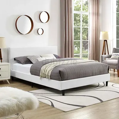 White velvet upholstered square queen bed
