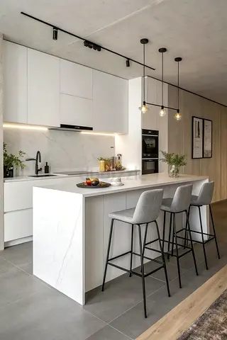 Modern white kitchen island with marble finish