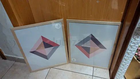 Pair of framed geometric wall art prints - minimalist wooden frames
