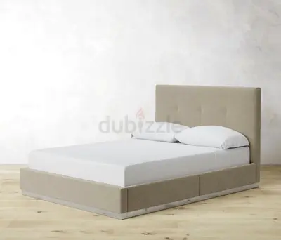 Queen Beige Upholstered Platform Bed