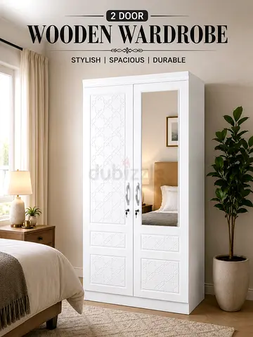 2 Door Wooden Wardrobe with Mirror – White Bedroom Wardrobe Cabinet