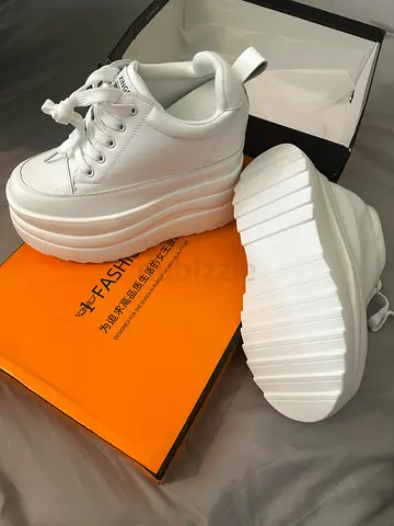 Leather White Women Platform Elevator Shoes — Lightweight Soles
