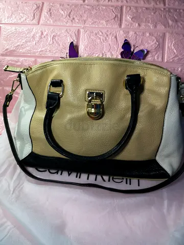 Calvien Klien Beige and Black Leather Tote Bag -
