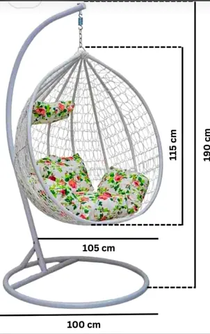 White Hanging Egg Chair with Stand and Floral Cushions - 115cm Seat Height