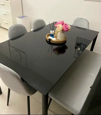Modern Black Glass Dining Table with 4Grey Velvet Chairs+ bench