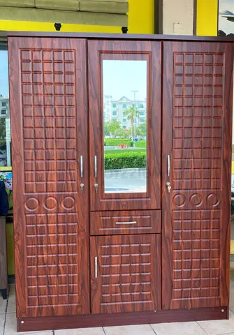 3-Door Wooden Wardrobe with Mirror and Drawers - Good Condition