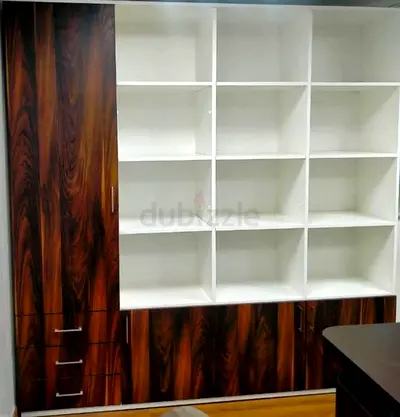 Large Wooden Bookcase with Closed Cabinets and Open Shelves