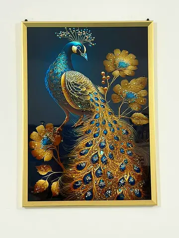 Framed Peacock Wall Art - Gold  Blue Decorative Painting