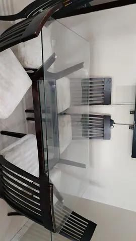 Glass Top Dining Table with 6 Wooden Chairs - Good Condition