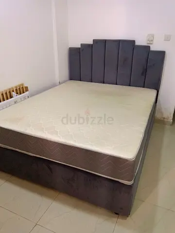 Queen size upholstered bed frame with mattress - grey