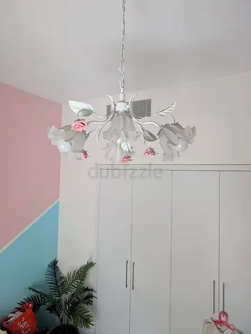 White Floral Ceiling Chandelier with Pink Rose Accents