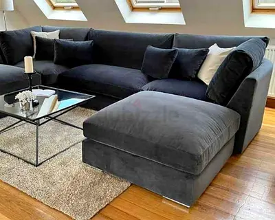 Modern Dark Grey L-Shaped Sectional Sofa with Ottoman