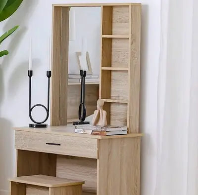 Modern Oak Finish Queen Bed with Headboard Storage and Matching Nightstand