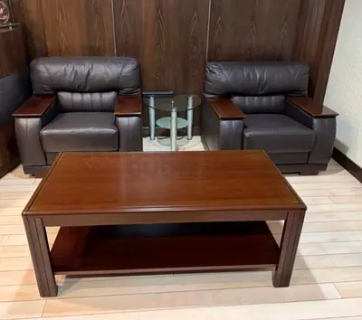 Dark Brown Leather 3-Seater Sofa with Matching Arm chairs and wooden Coffee Table