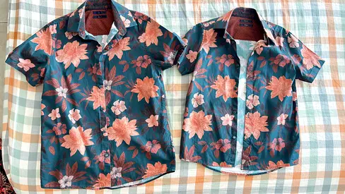 Matching Floral Short-Sleeve Button-Up Shirts (Boys) - Blue/Peach