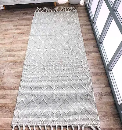 Handmade Woven Rug 200x80 Natural White Color Fringes Decor