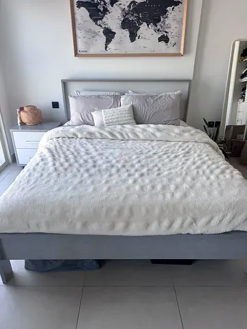 Queen size upholstered bed frame with mattress and night stand - light grey