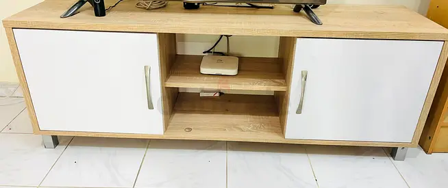 Light Oak TV Stand with White Doors - 2 Cabinets, Open Shelves
