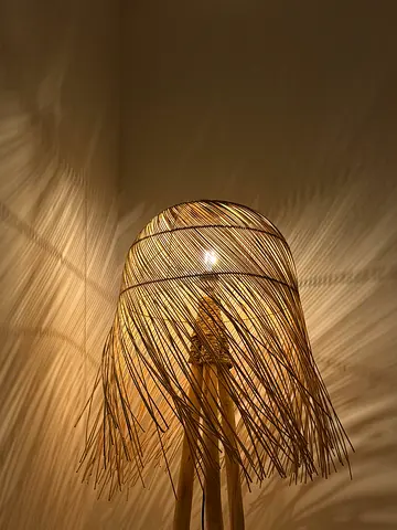 Boho-Style Branch Floor Lamp with a Natural Rattan Fringe Shade Wooden Tripod, Tall
