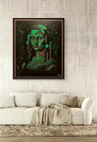 Framed Geometric Green Portrait Art original - Large Wall Piece