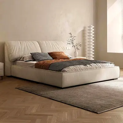 Low Profile Upholstered Double Bed with Padded Headboard - Beige