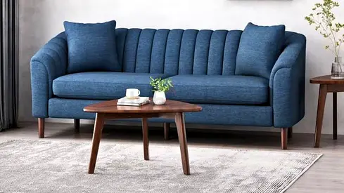 Blue 3-Seater Channel Tufted Sofa with Wooden Legs