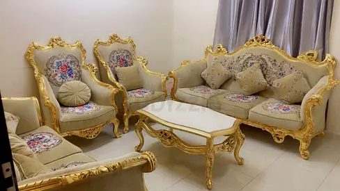 Ornate Gold Frame Living Room Sofa Set (3-seater + 2 armchairs + 2 seater + coffee table)