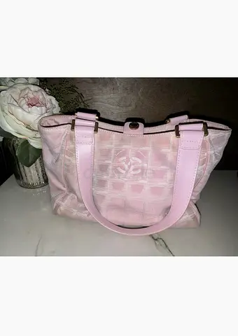 Authentic CHANEL Pink New Travel Line Jacquard CC Tote Bag