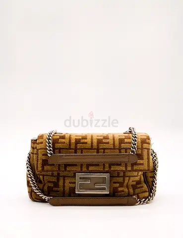 Fendi Baguette Zucca Canvas Shoulder Bag with Chain Strap - Brown