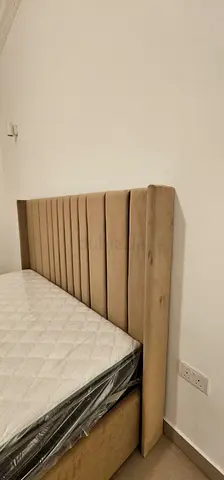 Upholstered Vertical-Panel Bed Headboard with Base - Beige