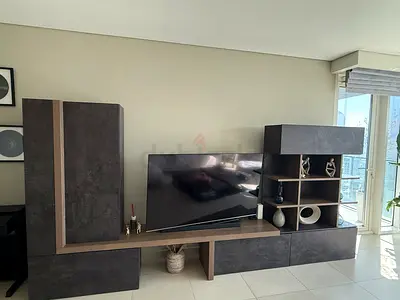 Modern TV unit with storage - charcoal and wood finish