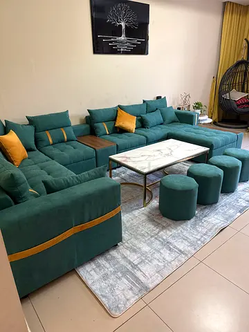 Brand new Large Green L-shaped Sectional Sofa with Poufs and Ottoman stools.
