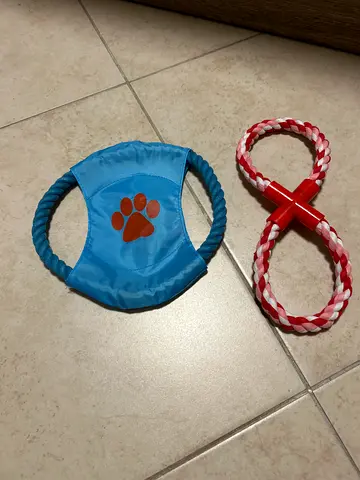 Dog toy bundle: rope tug and flying disc ring - good condition