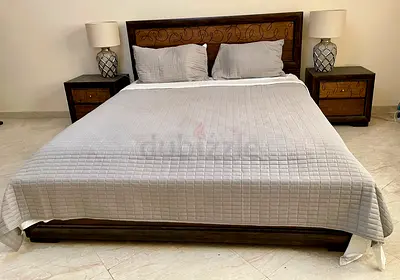 Wooden King Bed with 2 Nightstands - Solid Dark Finish and 4 door wardrobe with 2 mirrored panels .