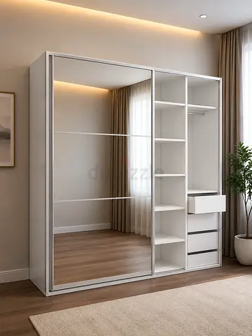 Modern White Wardrobe with Large Sliding Mirror Door