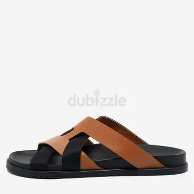 Hermes Brown/Black Leather and Fabric Kazimir Flat Sandals Size 46