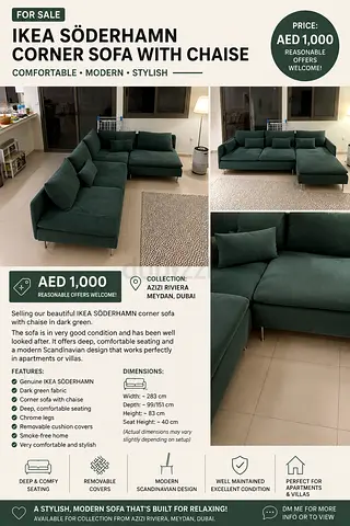 IKEA SÖDERHAMN Corner Sofa with Chaise - Dark Green, Good Condition